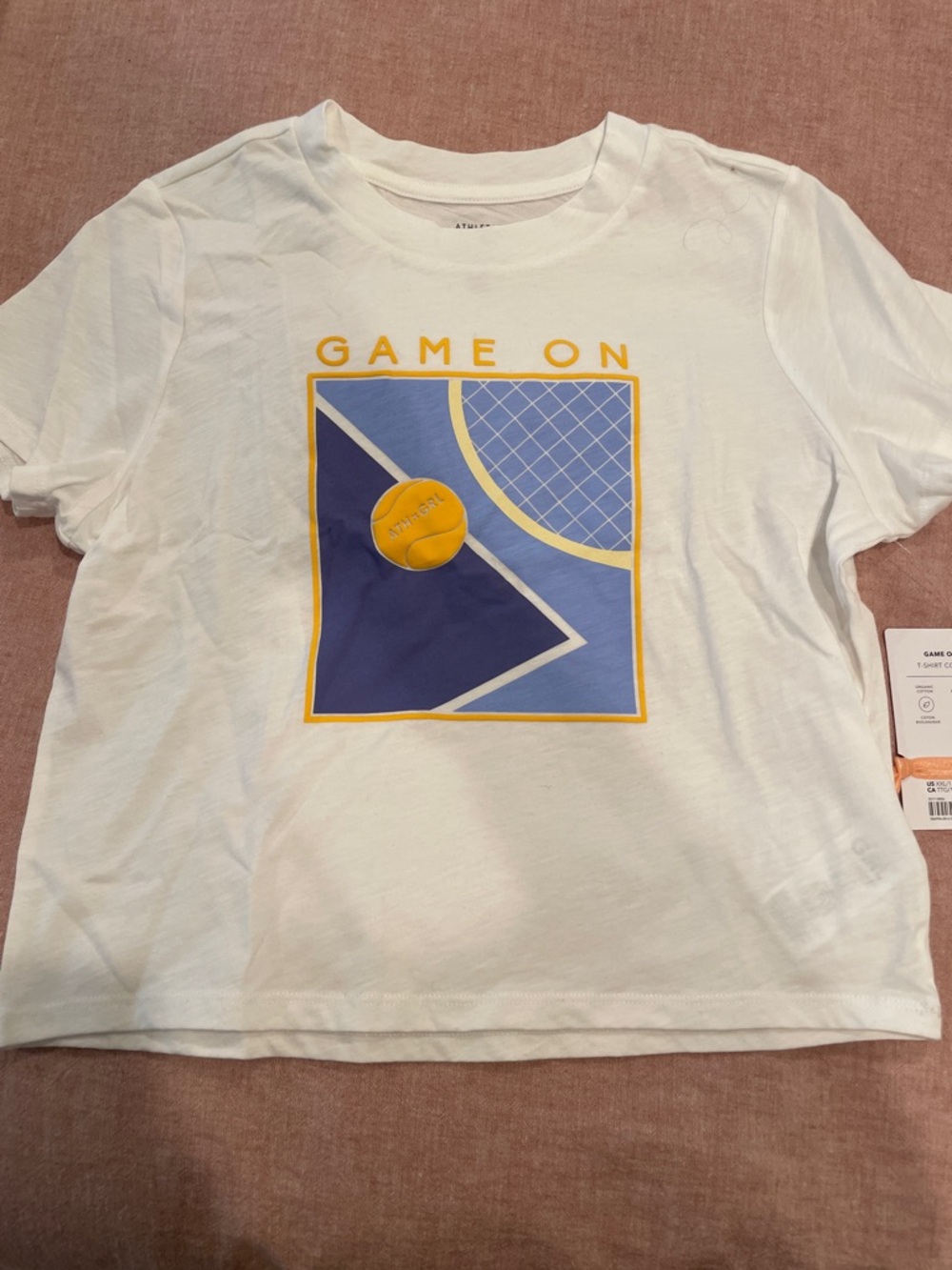 NWT Athleta Girl Game On White Graphic Tee with Yellow & Blue Tennis Design